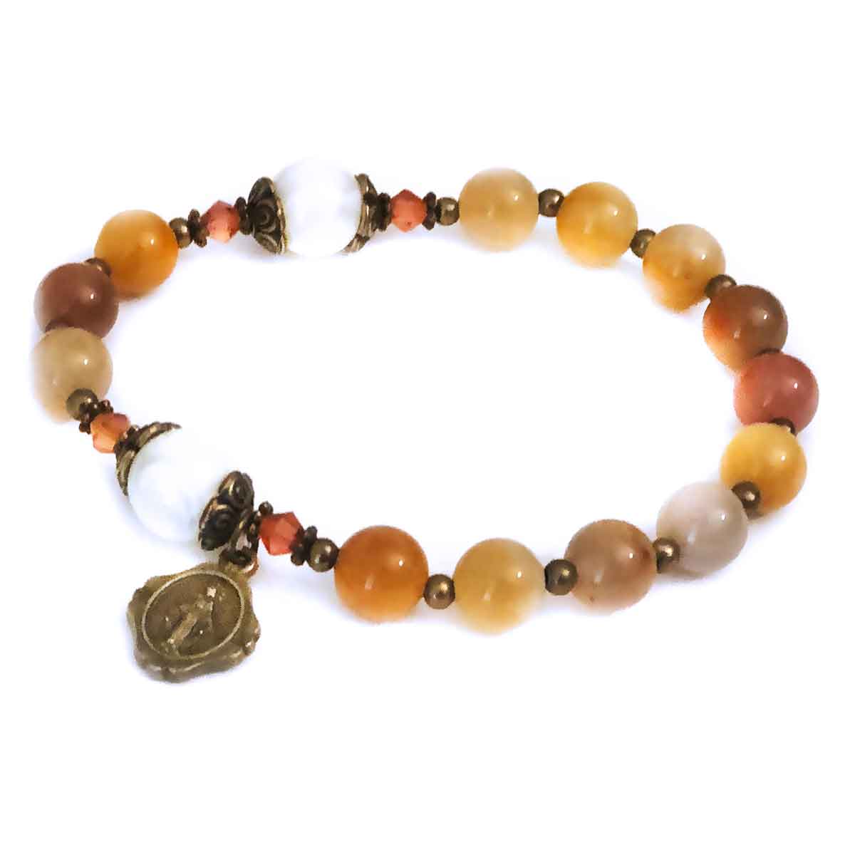 Our Lady of Grace Yellow Multi-Color Jade Stone Rosary and Bracelet Set