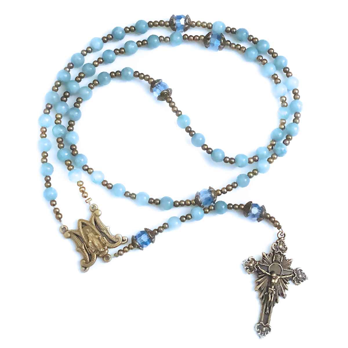 Our Lady of Grace Aquamarine Jade Stone Rosary and Bracelet Set