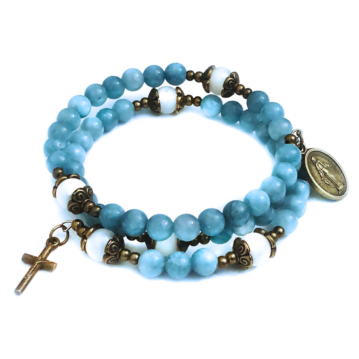 Our Lady of Grace Aquamarine Jade Stone Rosary and Bracelet Set