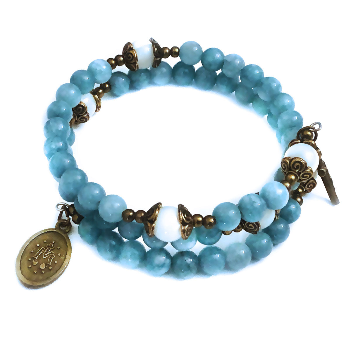 Our Lady of Grace Aquamarine Jade Stone Rosary and Bracelet Set