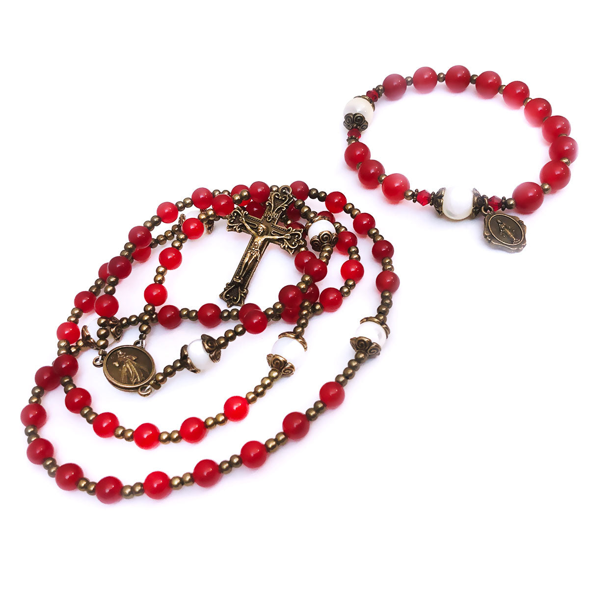 Divine Mercy Red Jade Stone Rosary and Bracelet Set