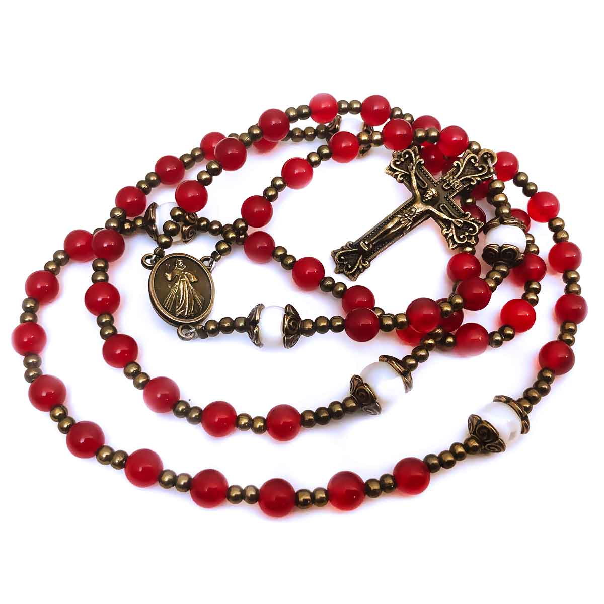 Divine Mercy Red Jade Stone Rosary and Bracelet Set