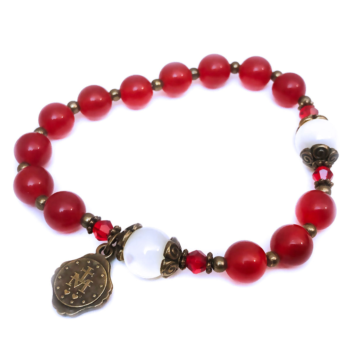 Divine Mercy Red Jade Stone Rosary and Bracelet Set