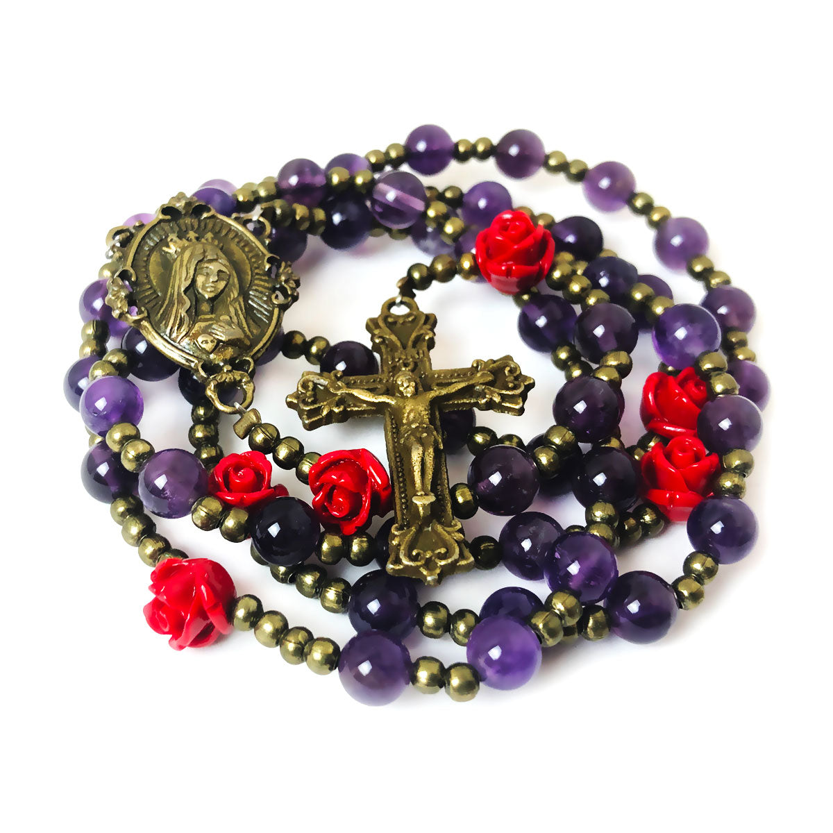 Immaculate Heart of Mary Purple Amethyst Stone Rosary and Bracelet Set
