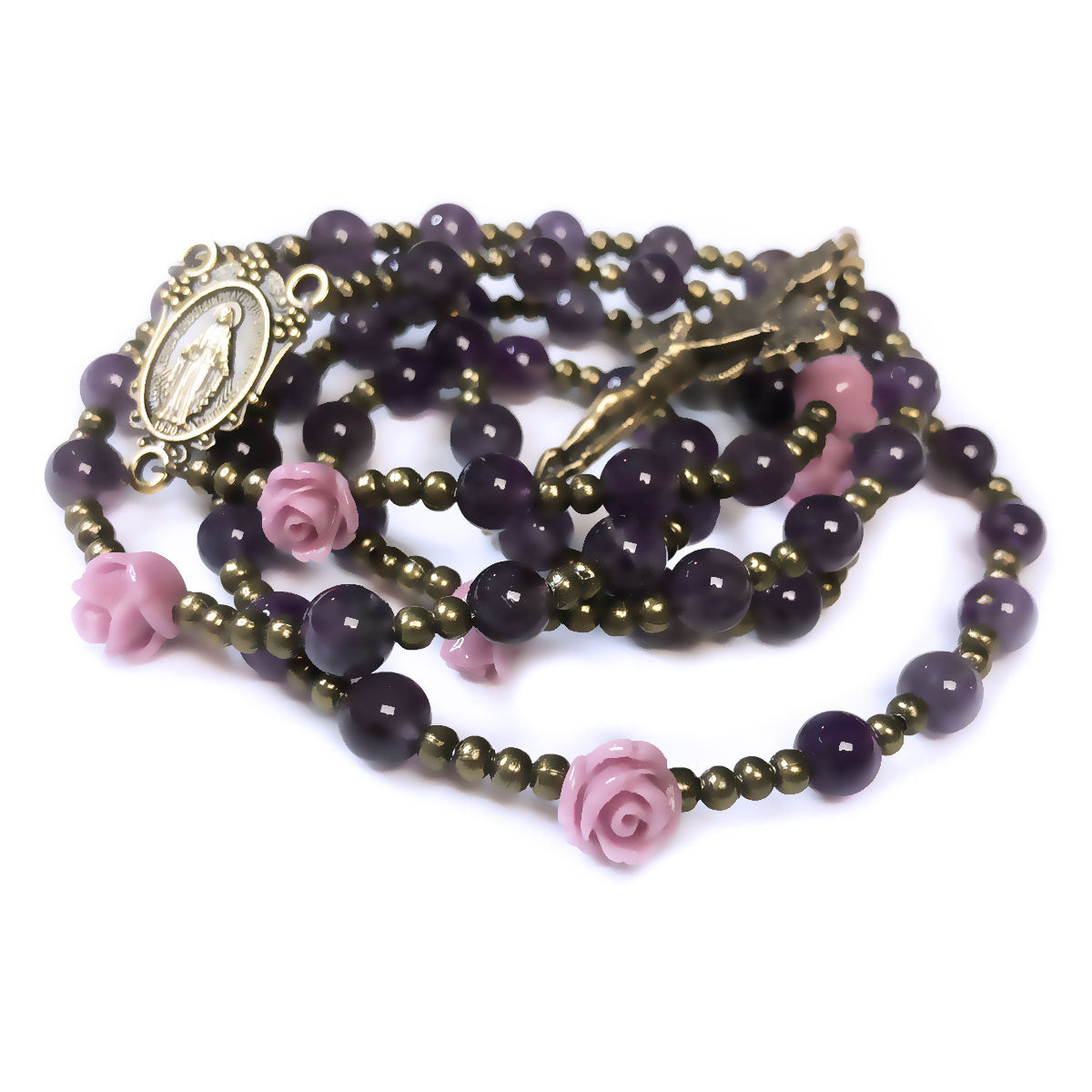 Miraculous Medal Amethyst Purple and Lavender Rose Rosary