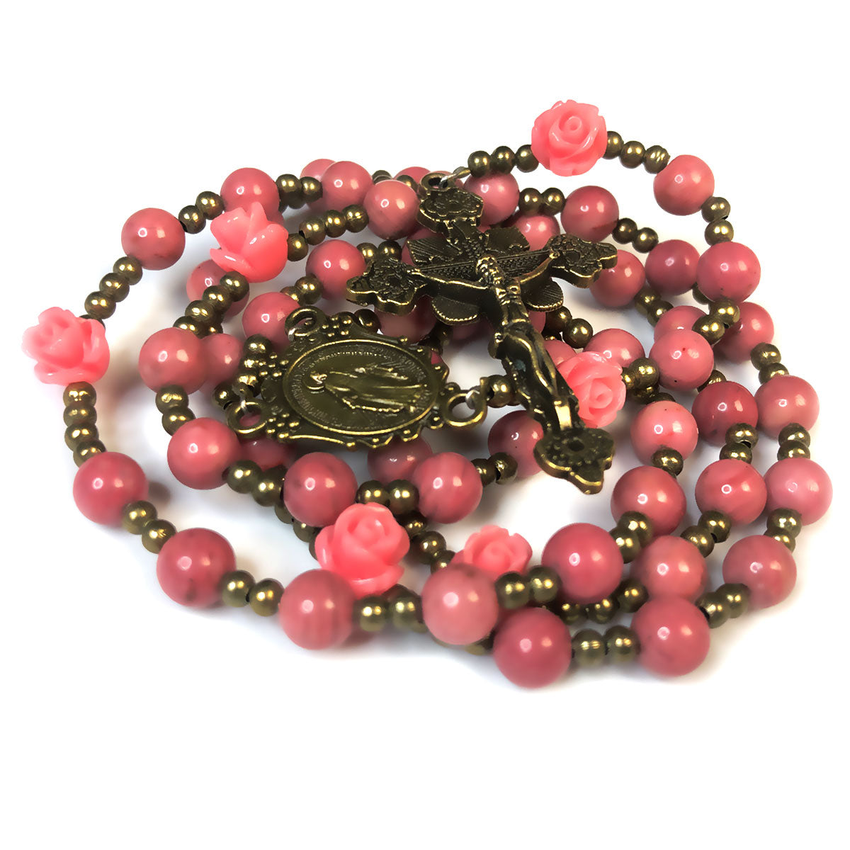 Miraculous Medal Pink Rhodonite Stone and Pink Rose Rosary