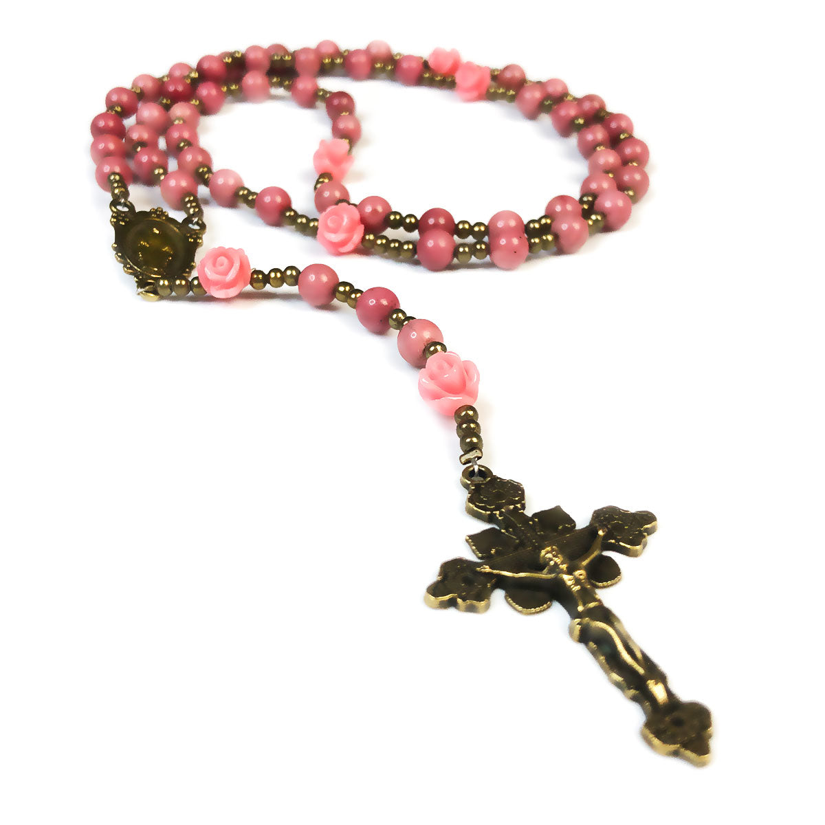 Miraculous Medal Pink Rhodonite Stone and Pink Rose Rosary