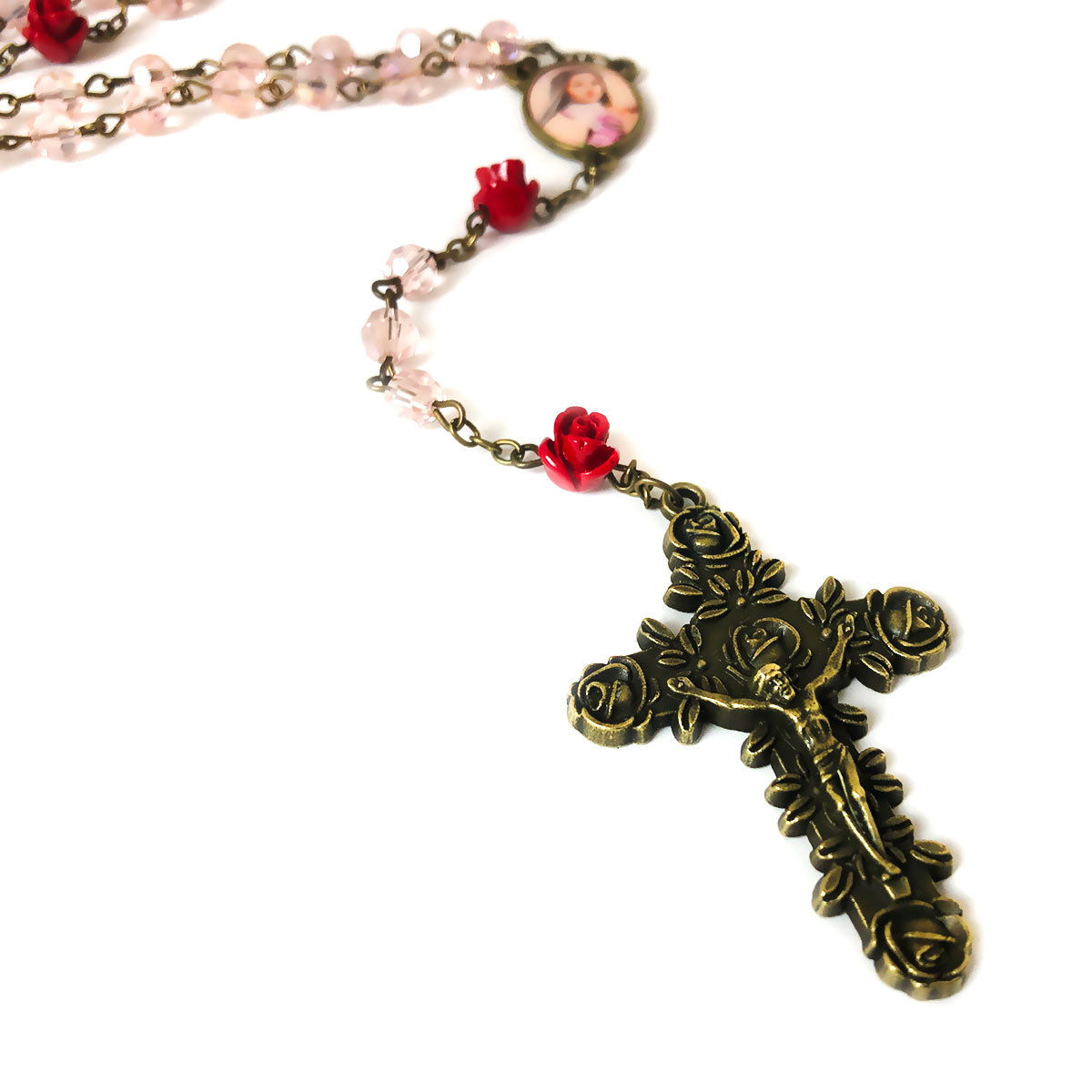 St. Therese the Little Flower Pink Crystal Red Rose Rosary and Bracelet Set