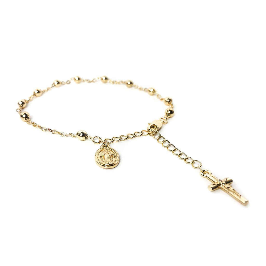 14K Gold Plated Rosary Bracelet with Our Lady of Graces Medal and Crucifix