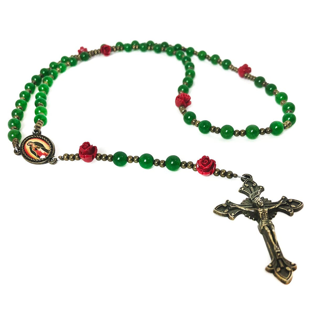 Our Lady of Guadalupe Emerald Green Jade Stone and Red Rose Rosary