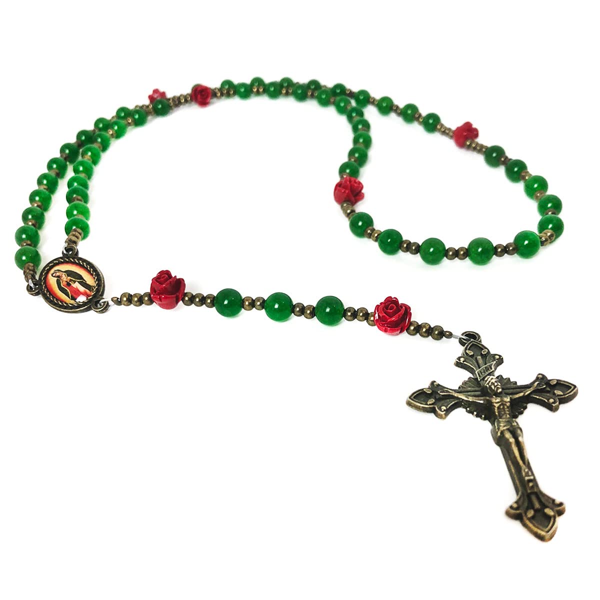Our Lady of Guadalupe Emerald Green Jade Stone and Red Rose Rosary