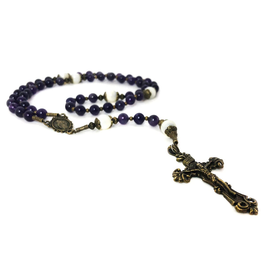 Amethyst and Mother of Pearl Stone Rosary with Our Lady of Graces Medal