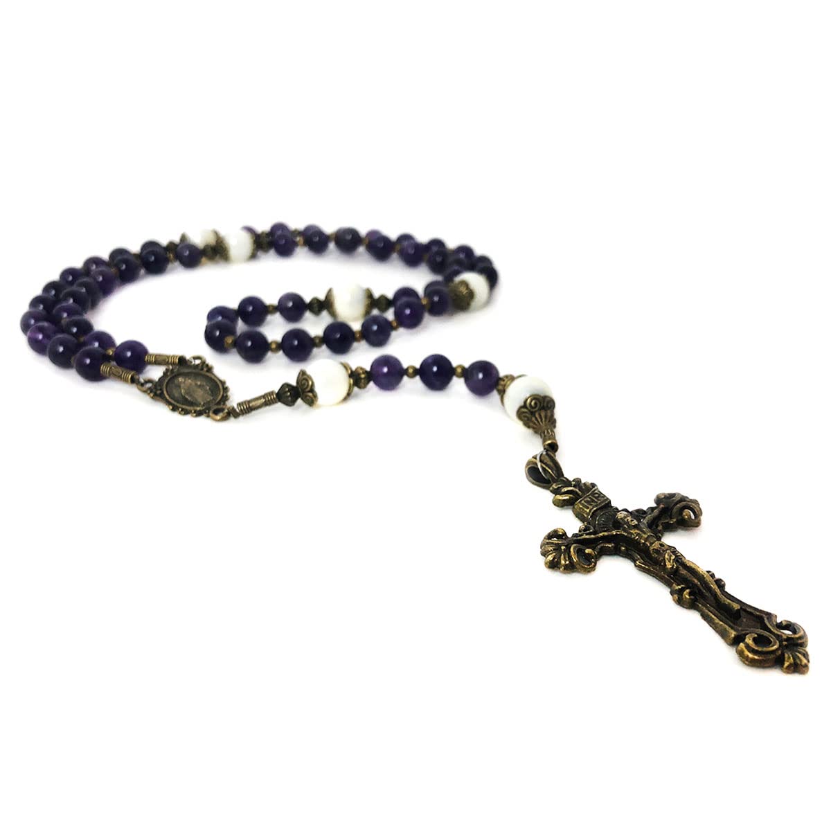 Amethyst and Mother of Pearl Stone Rosary with Our Lady of Graces Medal