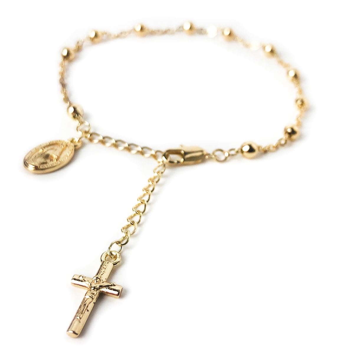 14K Gold Plated Rosary Bracelet with Our Lady of Graces Medal and Crucifix