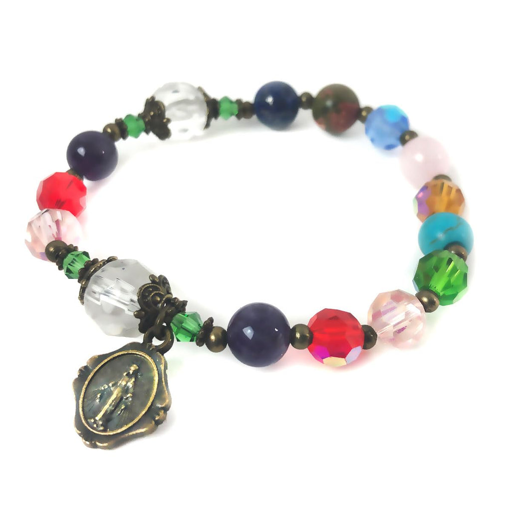 Basilica Window Crystal and Stone Rosary Bracelet with Our Lady of Graces Medal