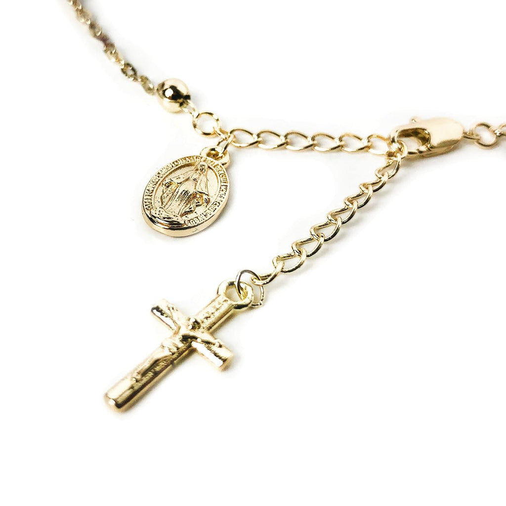 14K Gold Plated Rosary Bracelet with Our Lady of Graces Medal and Crucifix