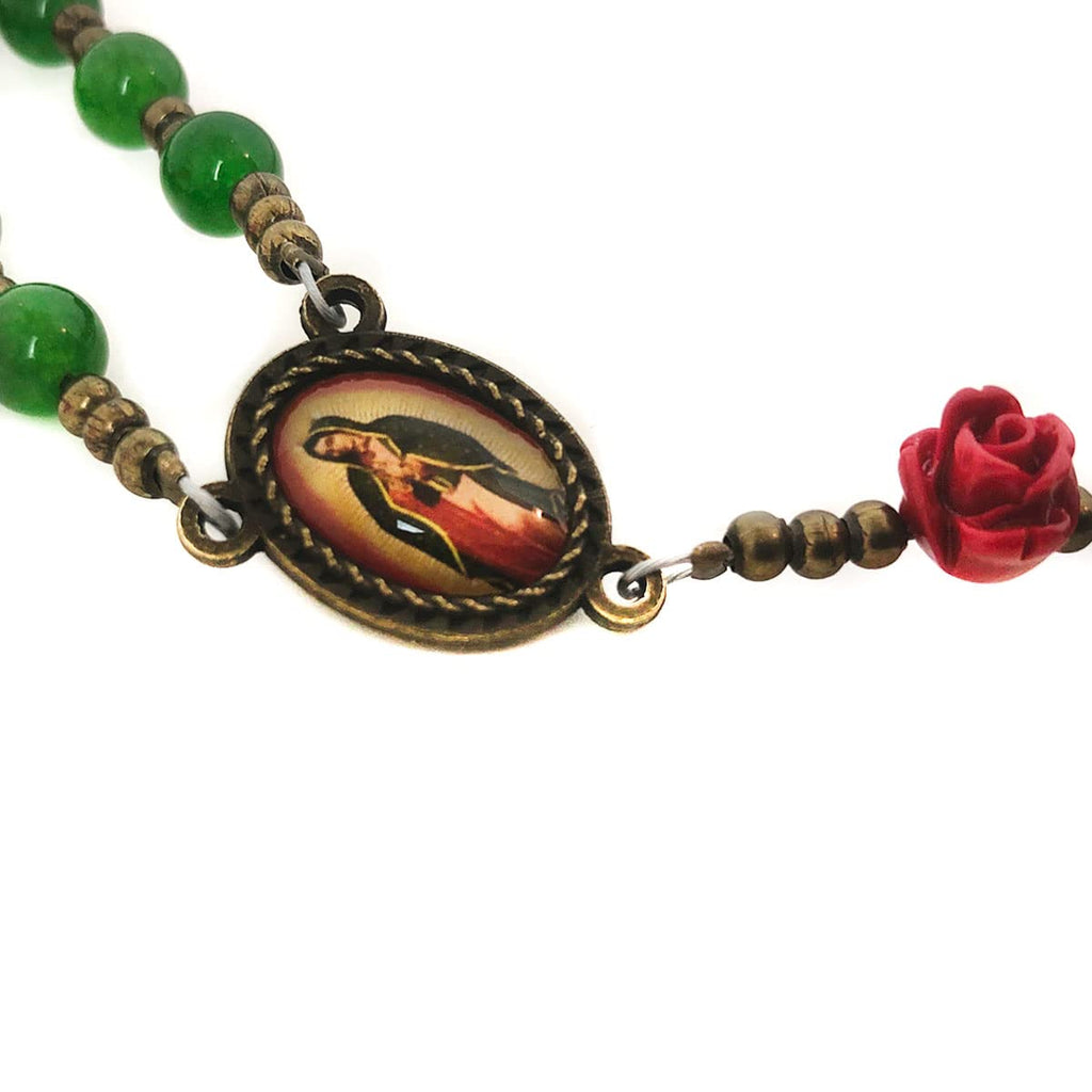 Our Lady of Guadalupe Emerald Green Jade Stone and Red Rose Rosary