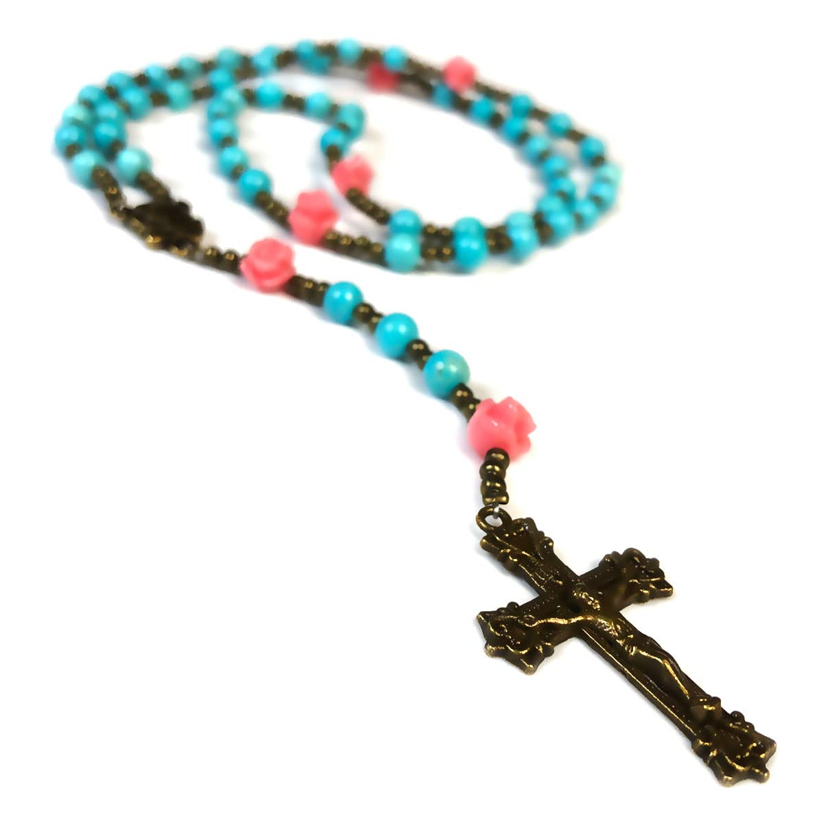 Our Lady of Lourdes Turquoise Stone and Pink Rose Rosary