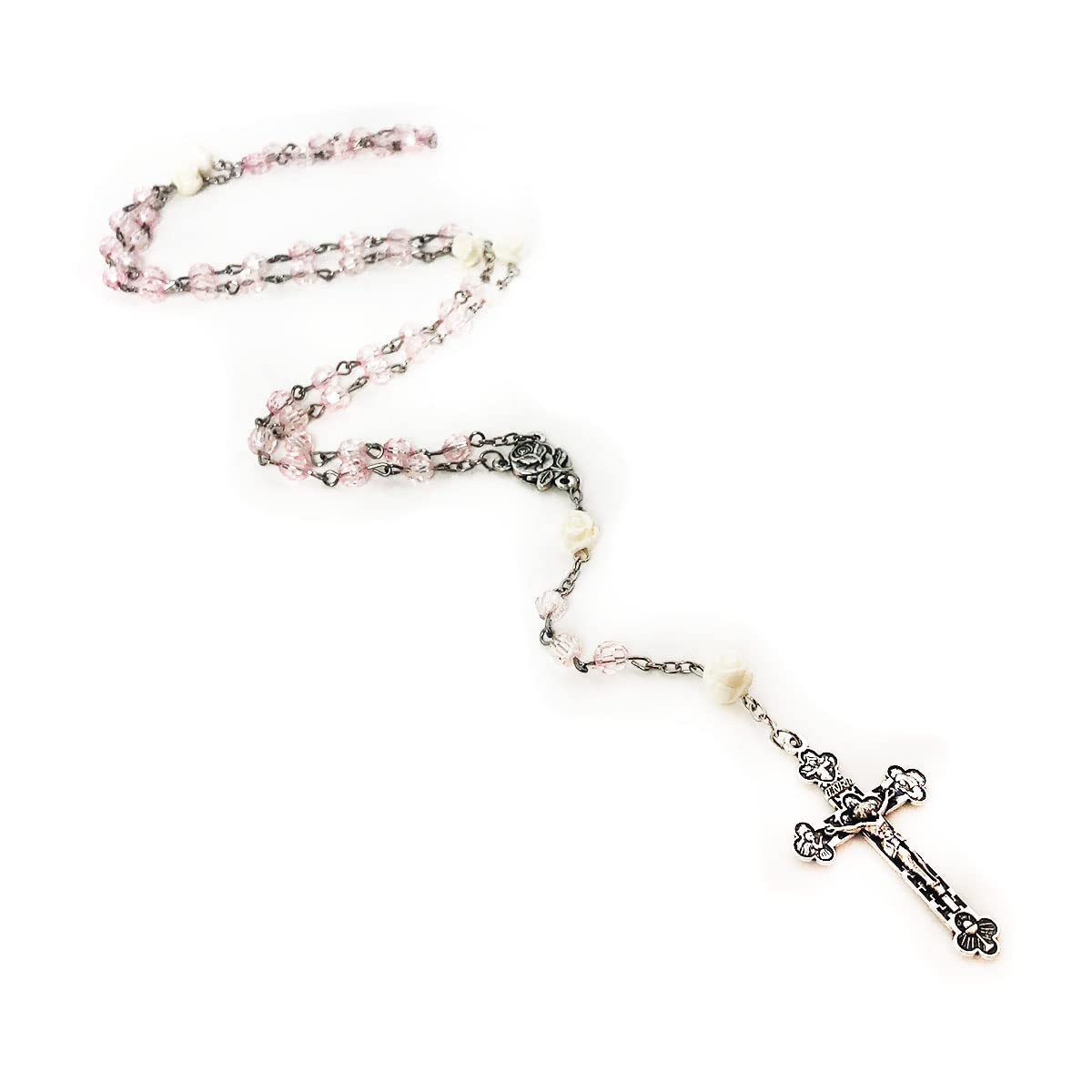 Lourdes Blush Pink Crystal Cut Cream Rose Rosary