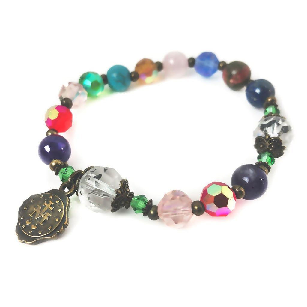 Basilica Window Crystal and Stone Rosary Bracelet with Our Lady of Graces Medal