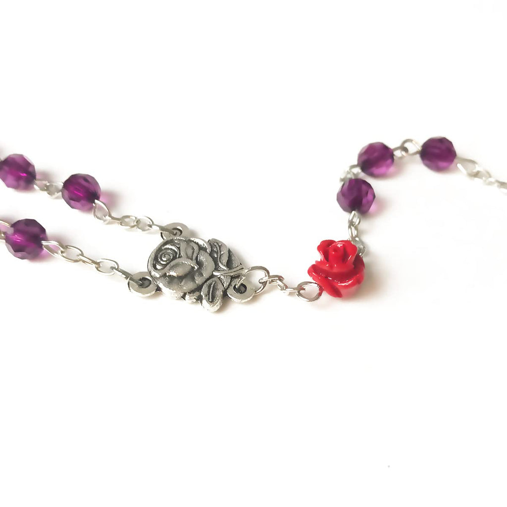 Lourdes Purple Crystal Cut Red Rose Rosary