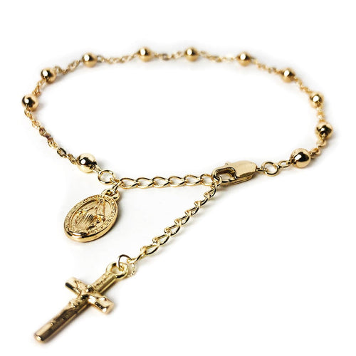 14K Gold Plated Rosary Bracelet with Our Lady of Graces Medal and Crucifix