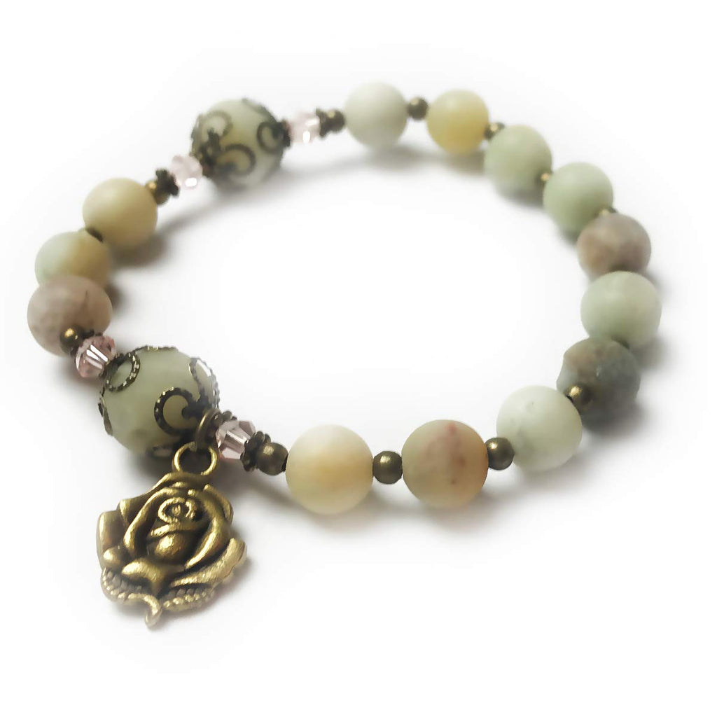 Amazonite Stone Rosary Bracelet with Our Lady of Lourdes Rose Charm