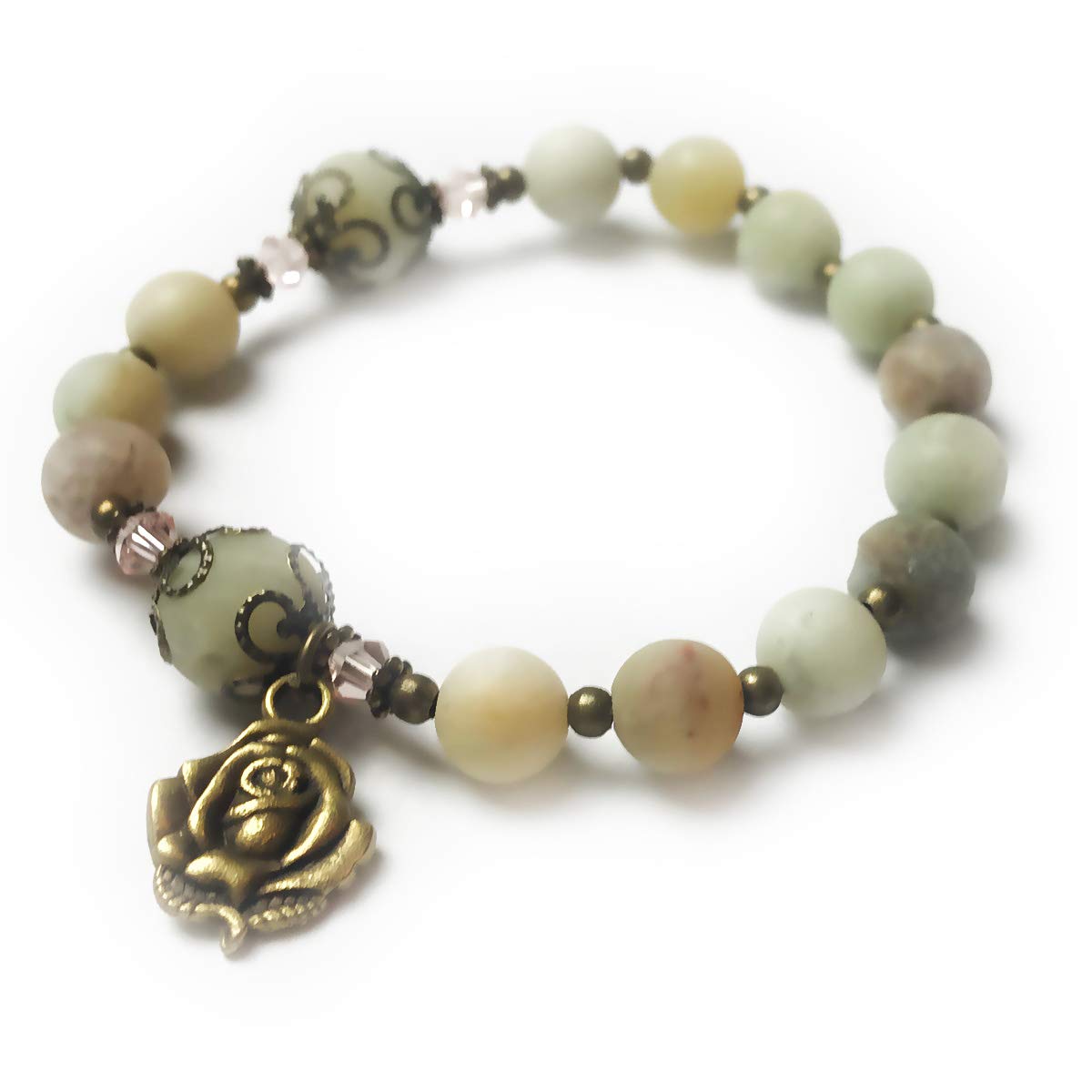 Amazonite Stone Rosary Bracelet with Our Lady of Lourdes Rose Charm