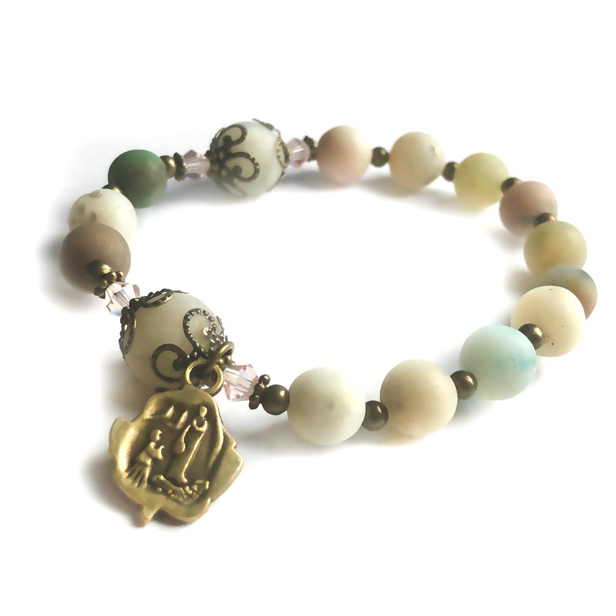 Amazonite Stone Rosary Bracelet with Our Lady of Lourdes Rose Charm