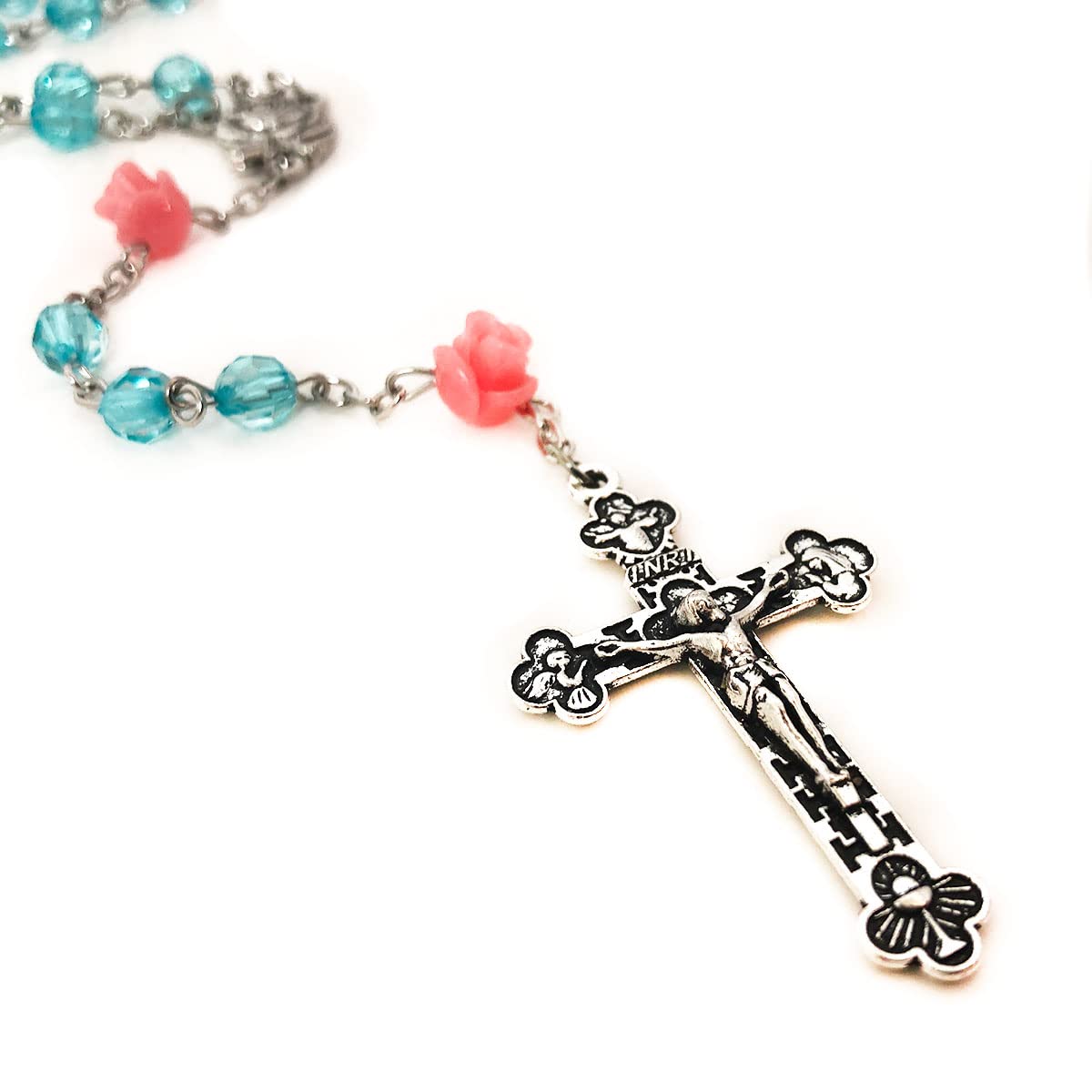 Lourdes Turquoise Crystal Cut Pink Rose Rosary