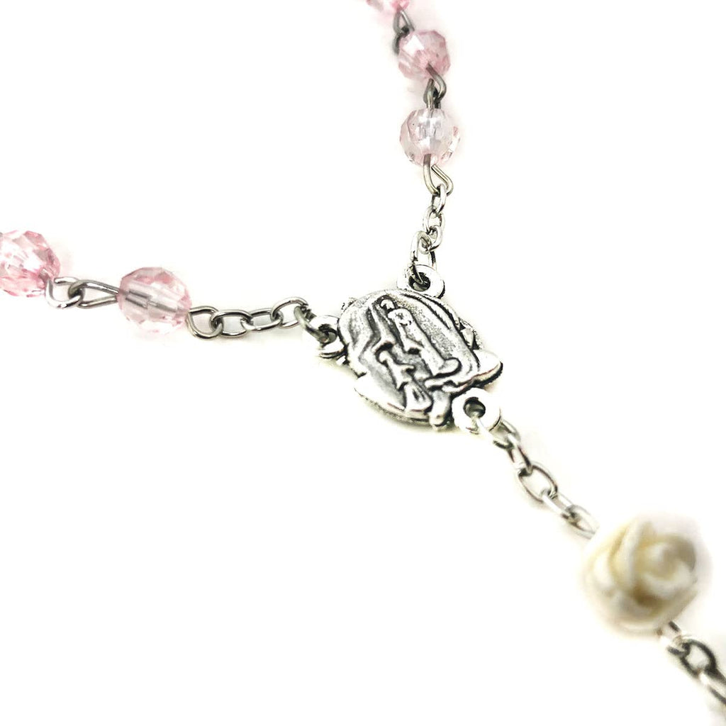 Lourdes Blush Pink Crystal Cut Cream Rose Rosary