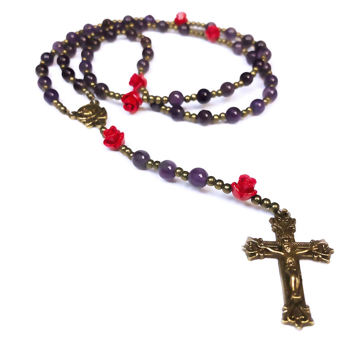 Our Lady of Lourdes Purple Amethyst Stone and Red Rose Rosary