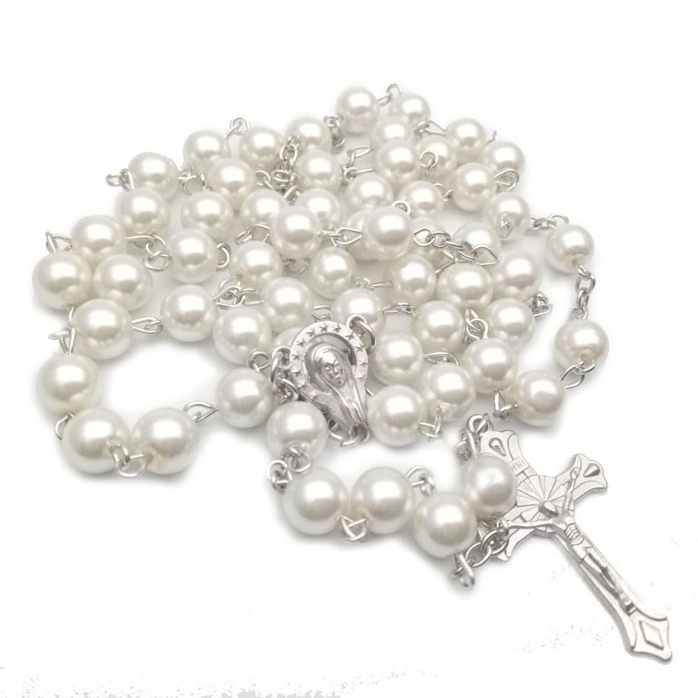 Virgin Mary White Faux Pearl Rosary