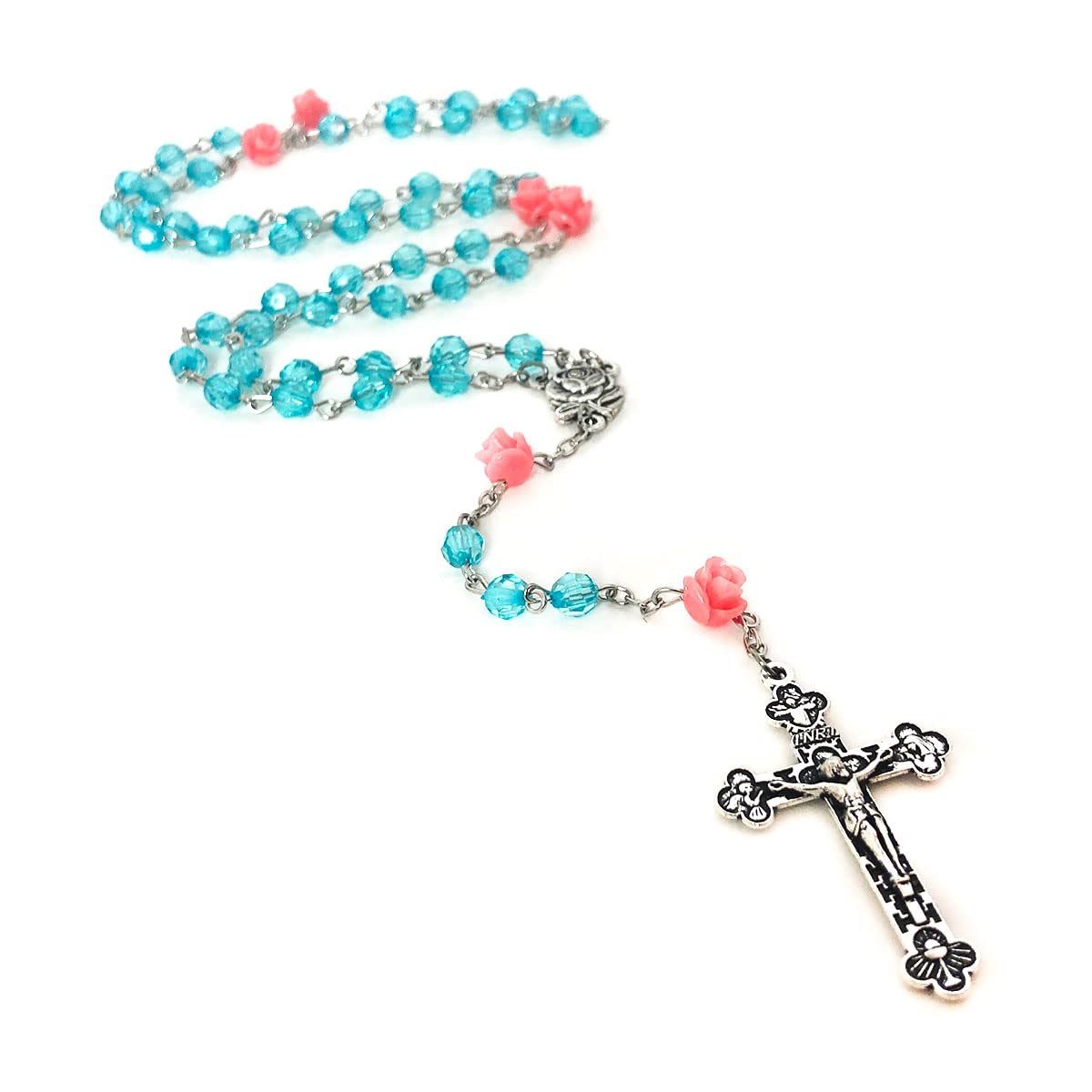 Lourdes Turquoise Crystal Cut Pink Rose Rosary