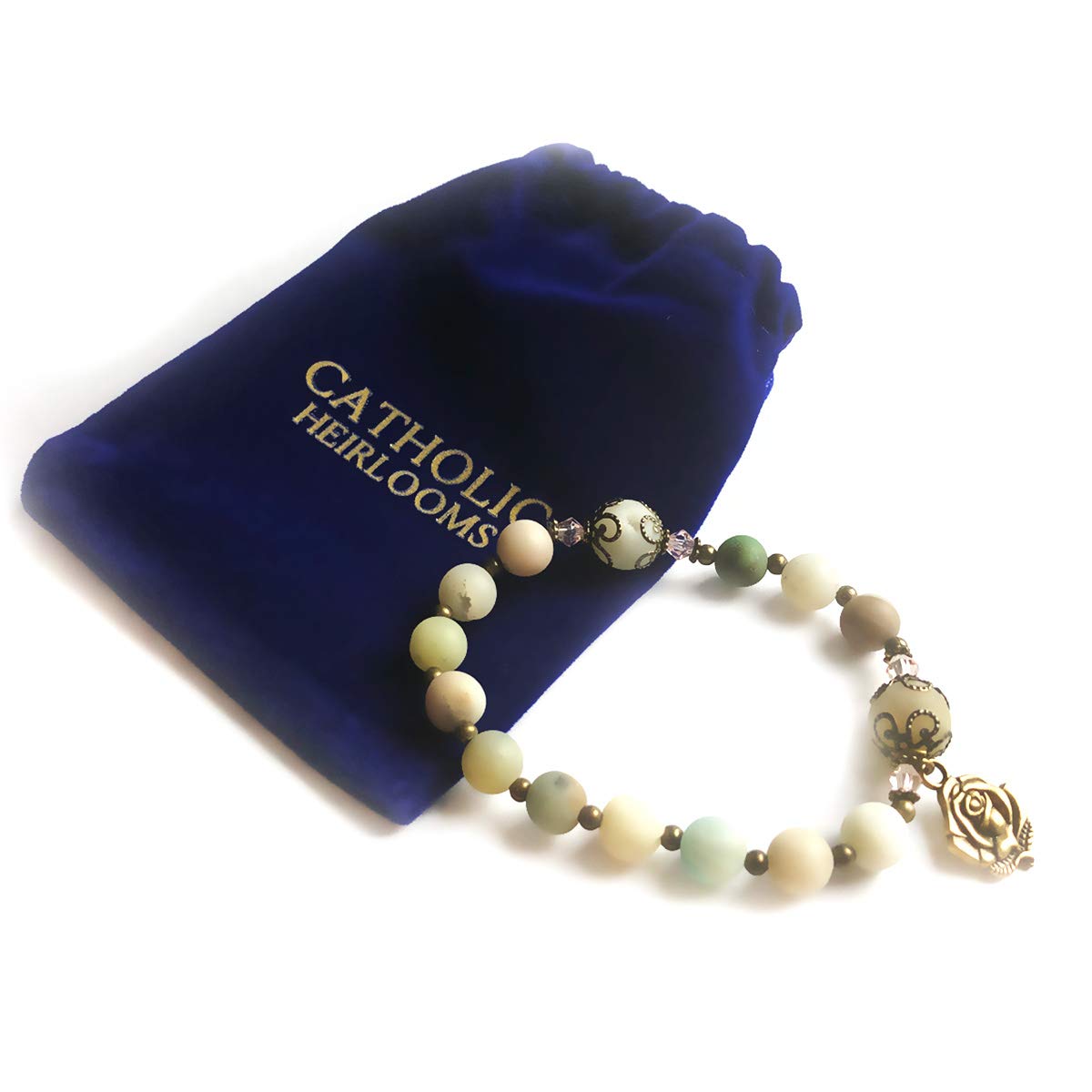 Amazonite Stone Rosary Bracelet with Our Lady of Lourdes Rose Charm