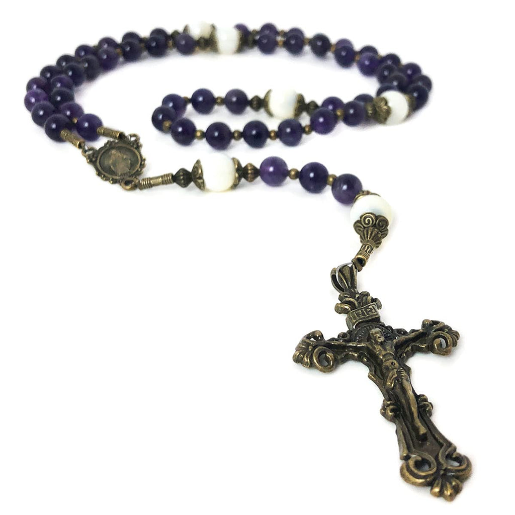 Amethyst and Mother of Pearl Stone Rosary with Our Lady of Graces Medal