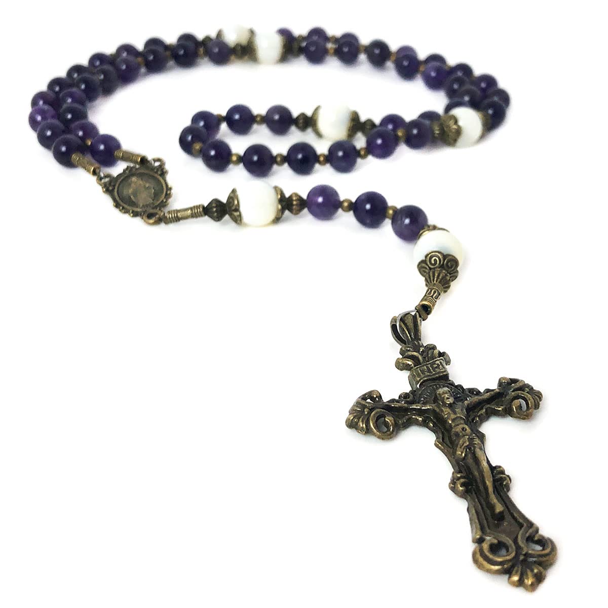 Amethyst and Mother of Pearl Stone Rosary with Our Lady of Graces Medal