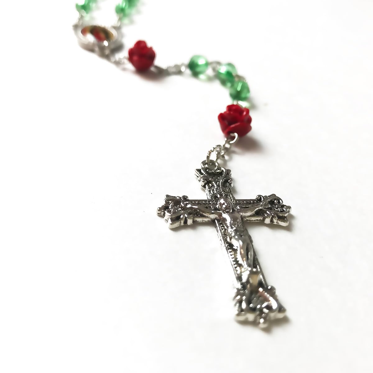 Our Lady of Guadalupe Emerald Green Crystal and Red Rose Rosary