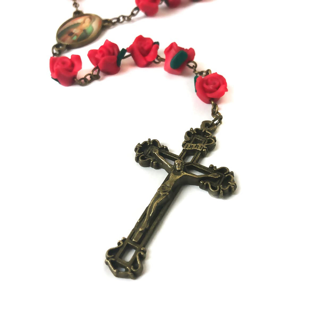 Our Lady of Guadalupe Red Rose Garden Rosary - Antique Bronze Crucifix