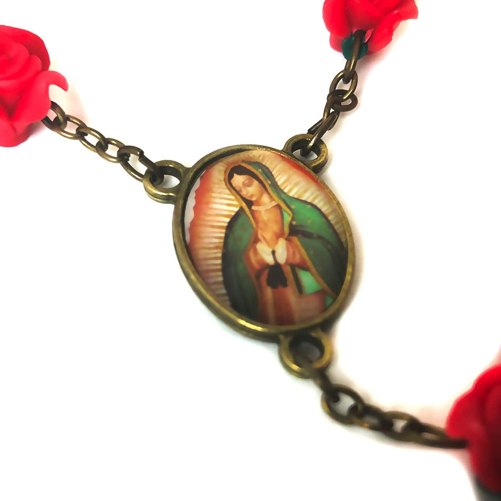 Our Lady of Guadalupe Red Rose Garden Rosary - Antique Bronze Crucifix