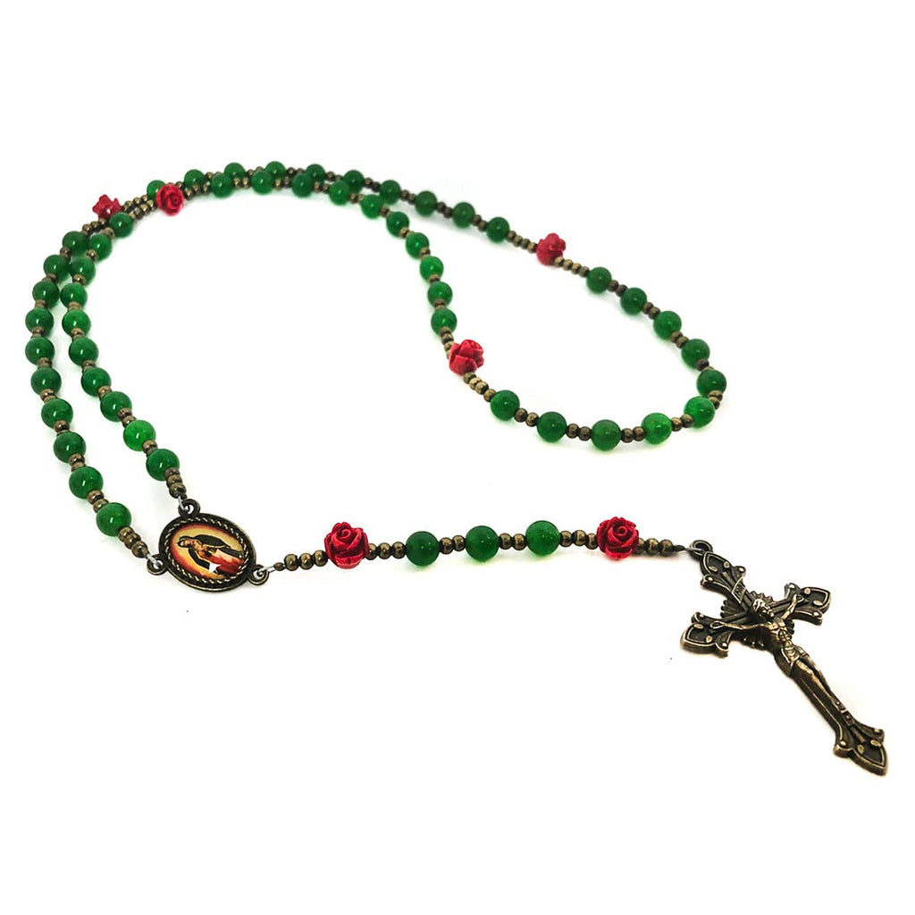 Our Lady of Guadalupe Emerald Green Jade Stone and Red Rose Rosary