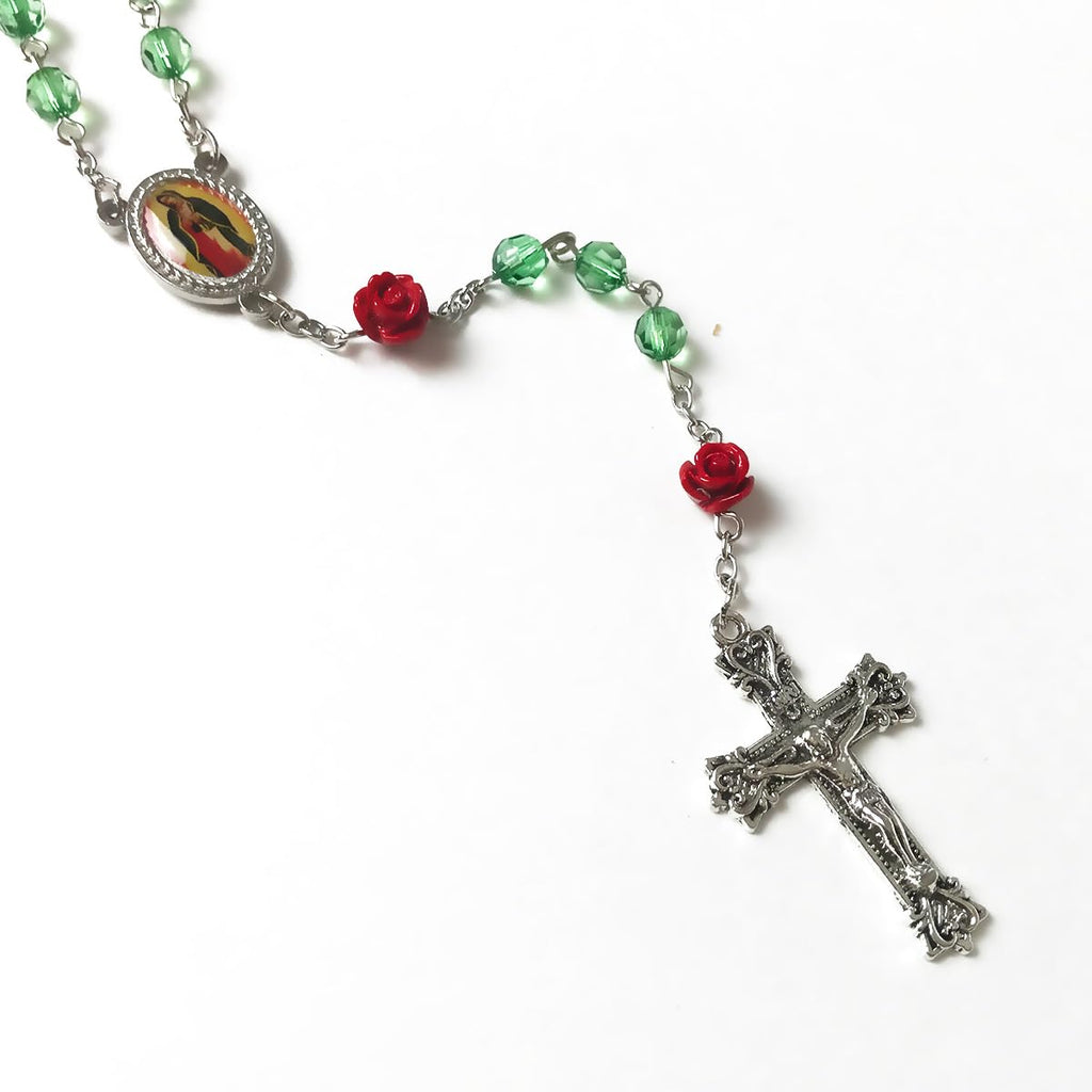 Our Lady of Guadalupe Emerald Green Crystal and Red Rose Rosary