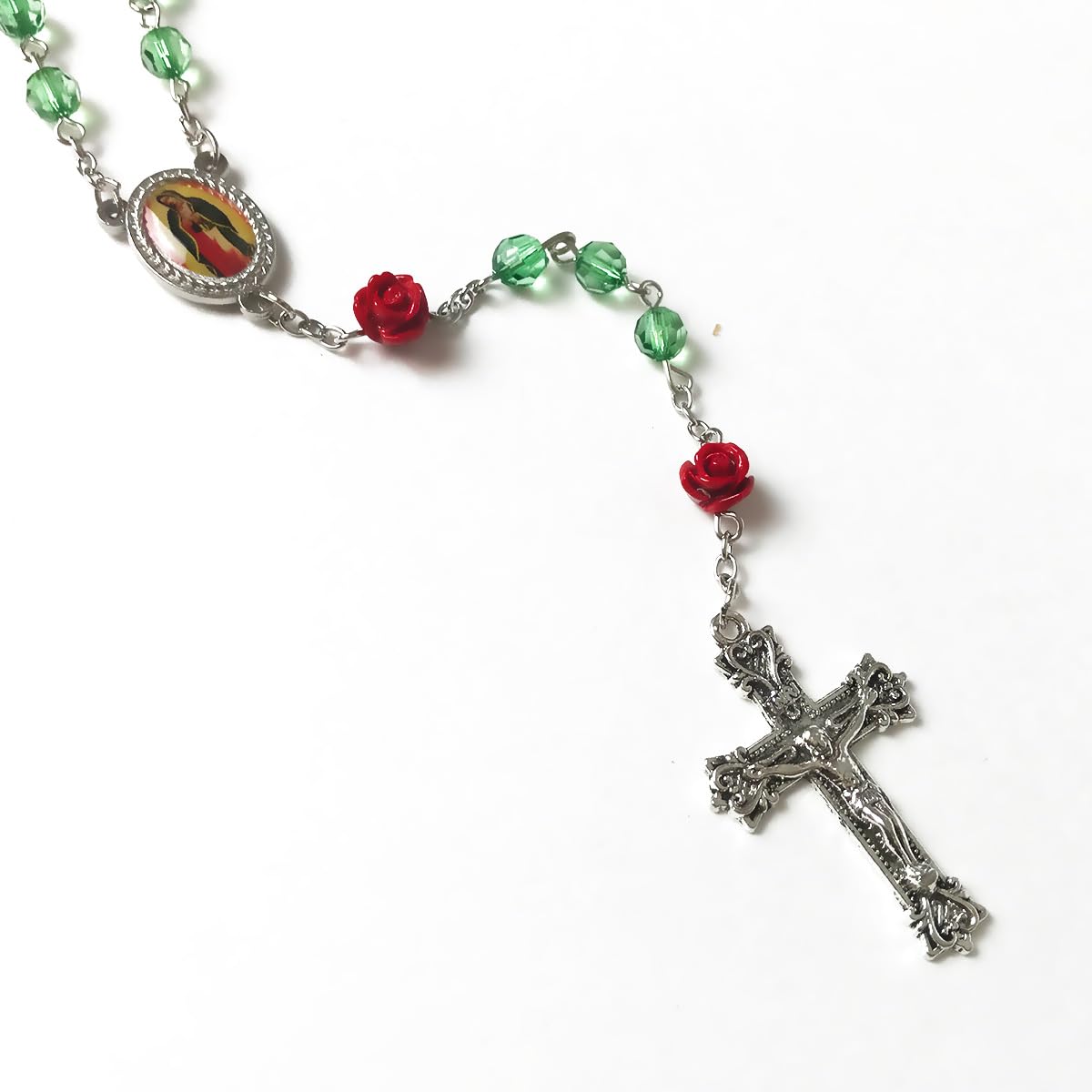Our Lady of Guadalupe Emerald Green Crystal and Red Rose Rosary