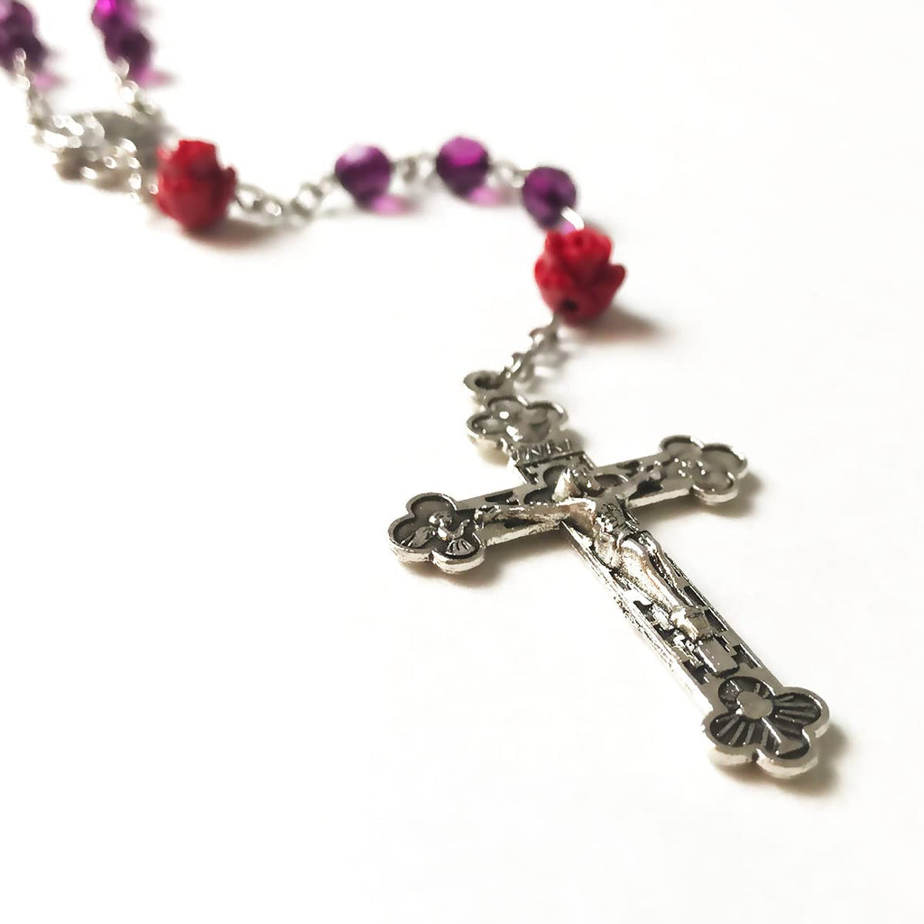 Lourdes Purple Crystal Cut Red Rose Rosary