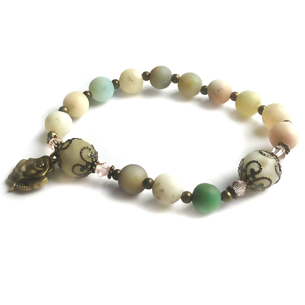 Amazonite Stone Rosary Bracelet with Our Lady of Lourdes Rose Charm