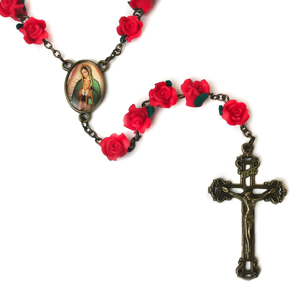 Our Lady of Guadalupe Red Rose Garden Rosary - Antique Bronze Crucifix