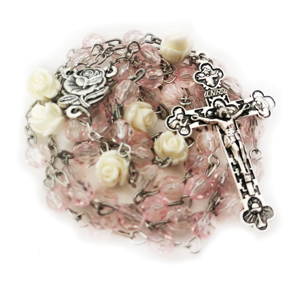 Lourdes Blush Pink Crystal Cut Cream Rose Rosary