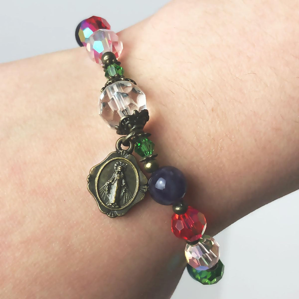 Basilica Window Crystal and Stone Rosary Bracelet with Our Lady of Graces Medal