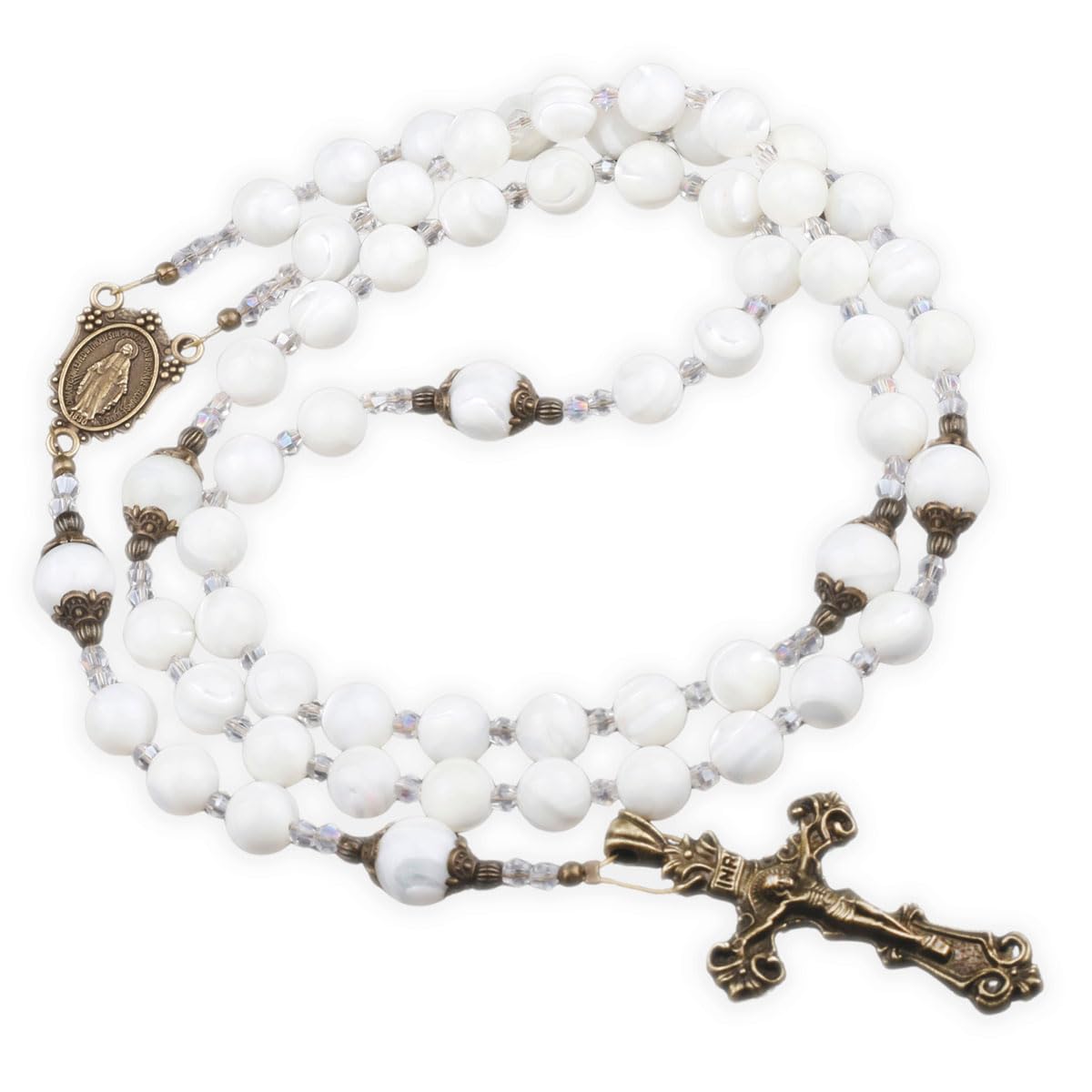 Mother of Pearl 8mm Stone Rosary with Crucifix and Miraculous Medal