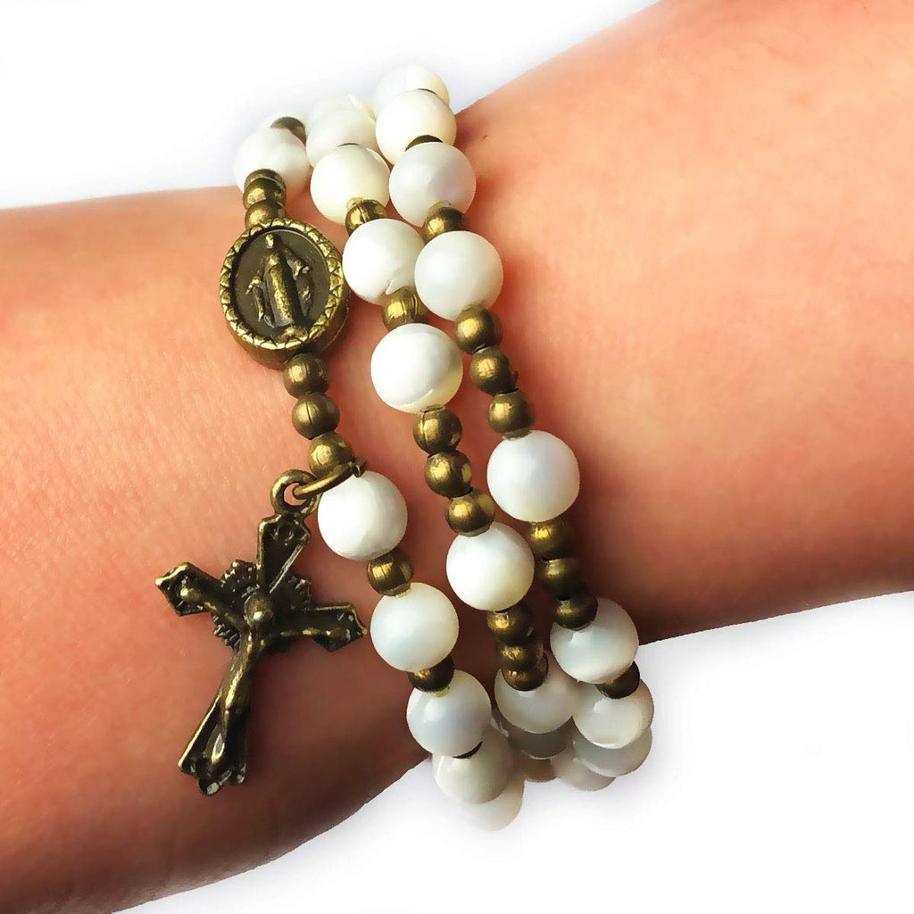 Mother of Pearl Stone Rosary Bracelet with Virgin Mary Our Lady of Graces Medal Charm